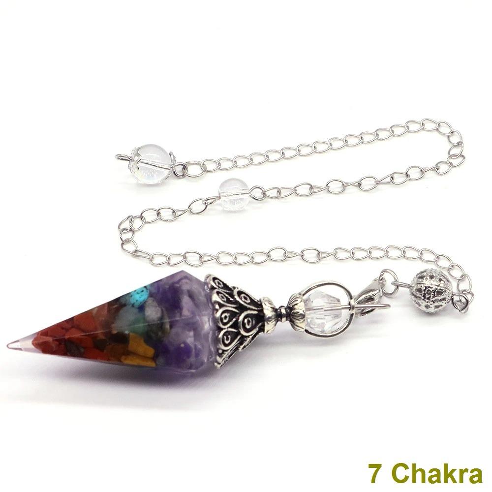 Antique Silver Seven Chakra Crystal Pendulum with Semi-Precious Chips and Resin Hexagonal Cone Pendant