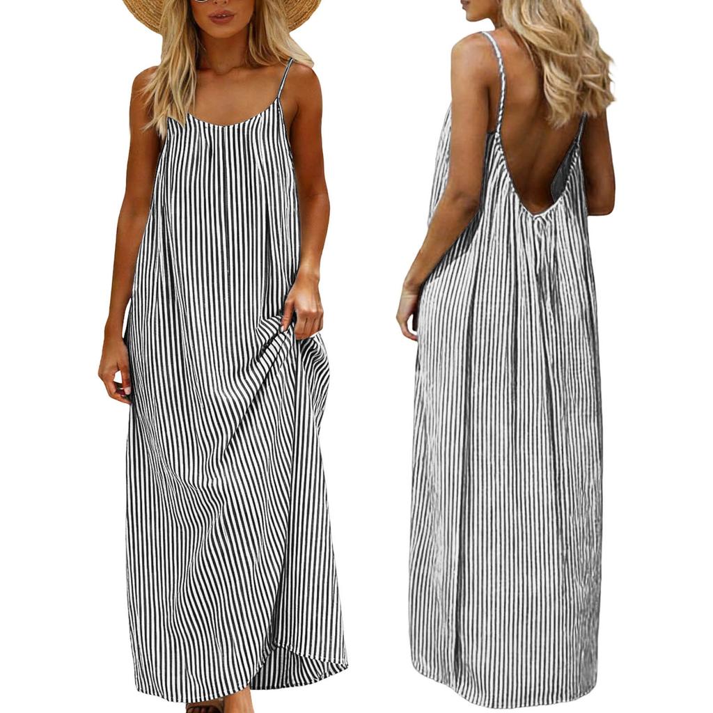 Women's Summer Cotton Linen-like Striped Maxi Dress Sleeveless Spaghetti Strap Backless Loose Casual Beach Sundress for Vacation Daily Wear