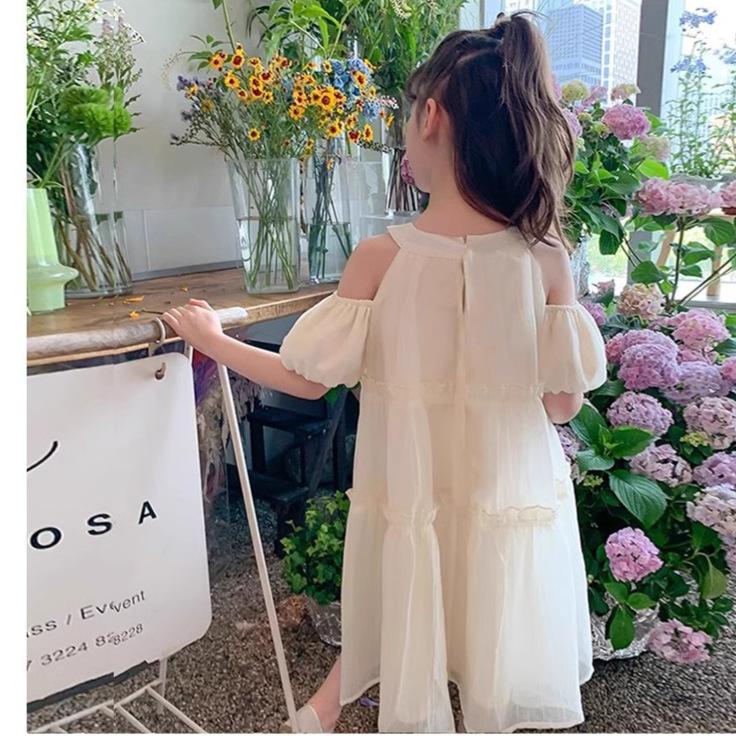 Girls Summer Off Shoulder Chiffon Princess Dress Short Sleeve