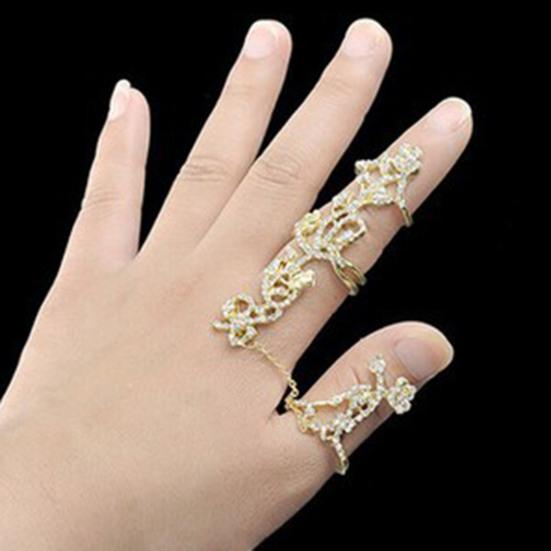 Shining Decorative Double Finger Rings Full Rhinestone Rose Flower Chain Link Rings Jewelry Gift