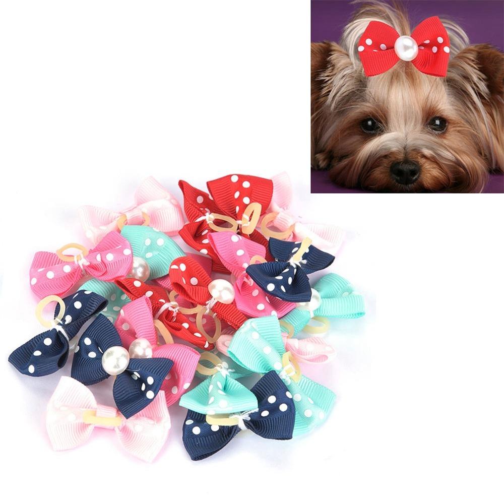 20Pcs Polka Dot Pattern Pet Hair Bows Soft Elastic Band Assorted Color Pet Grooming Bows Bowknot Shape Skin-Friendly Texture