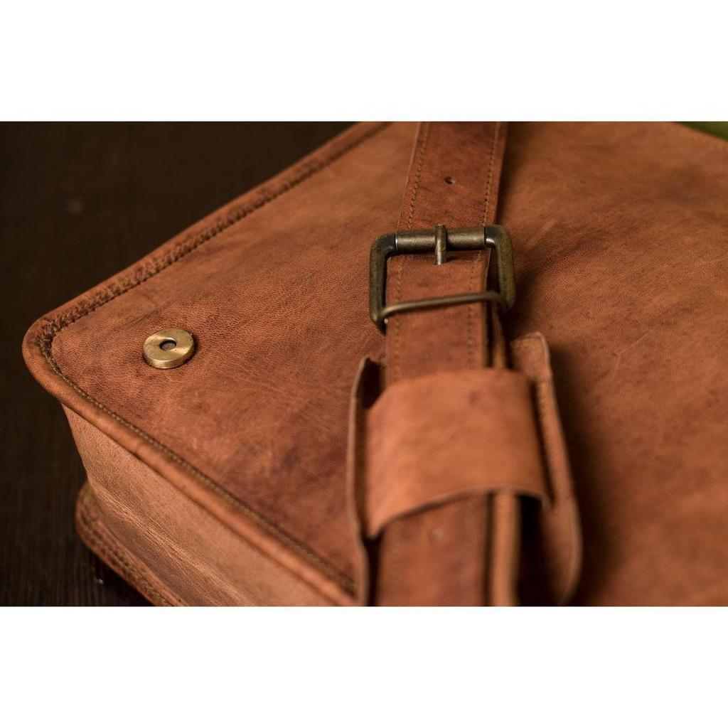 Vintage Genuine Goat Leather Brown Men's Laptop Shoulder Messenger Satchel Bag