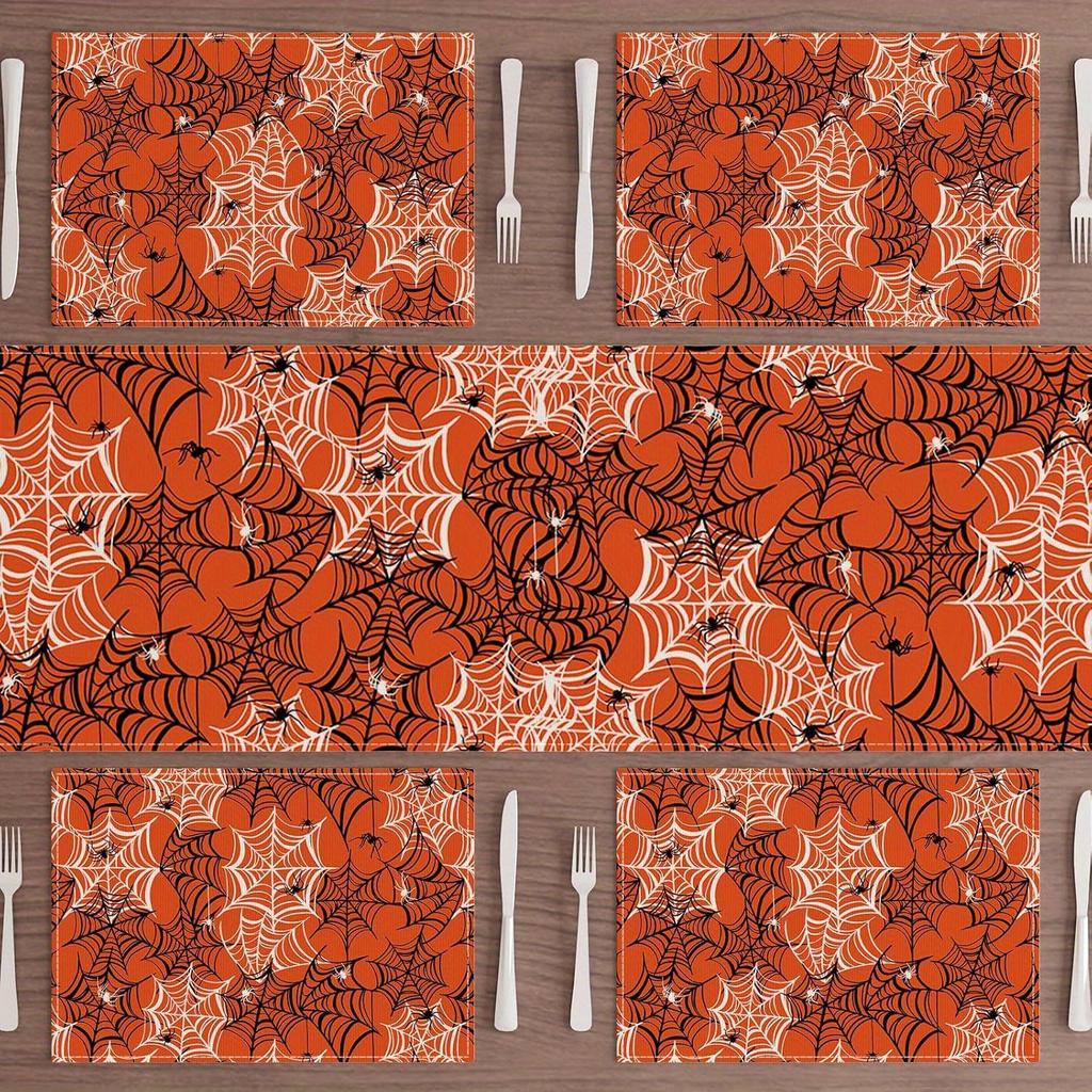Set of 4/6 Halloween-Themed Placemats Featuring Spooky Orange And Black Spider Web Designs, Perfect for Decorating Your Dining Table at Home Or for Pa
