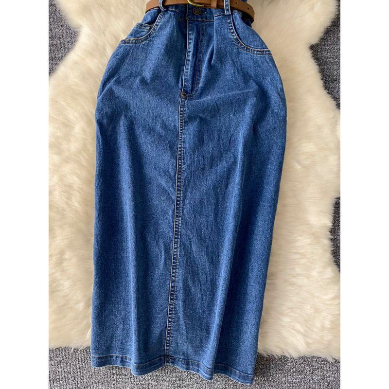 K-style Minimalist Fancy Polo Collar Denim Dress Female Summer Belt Slimming Slit Stylish Temperament Long Dress