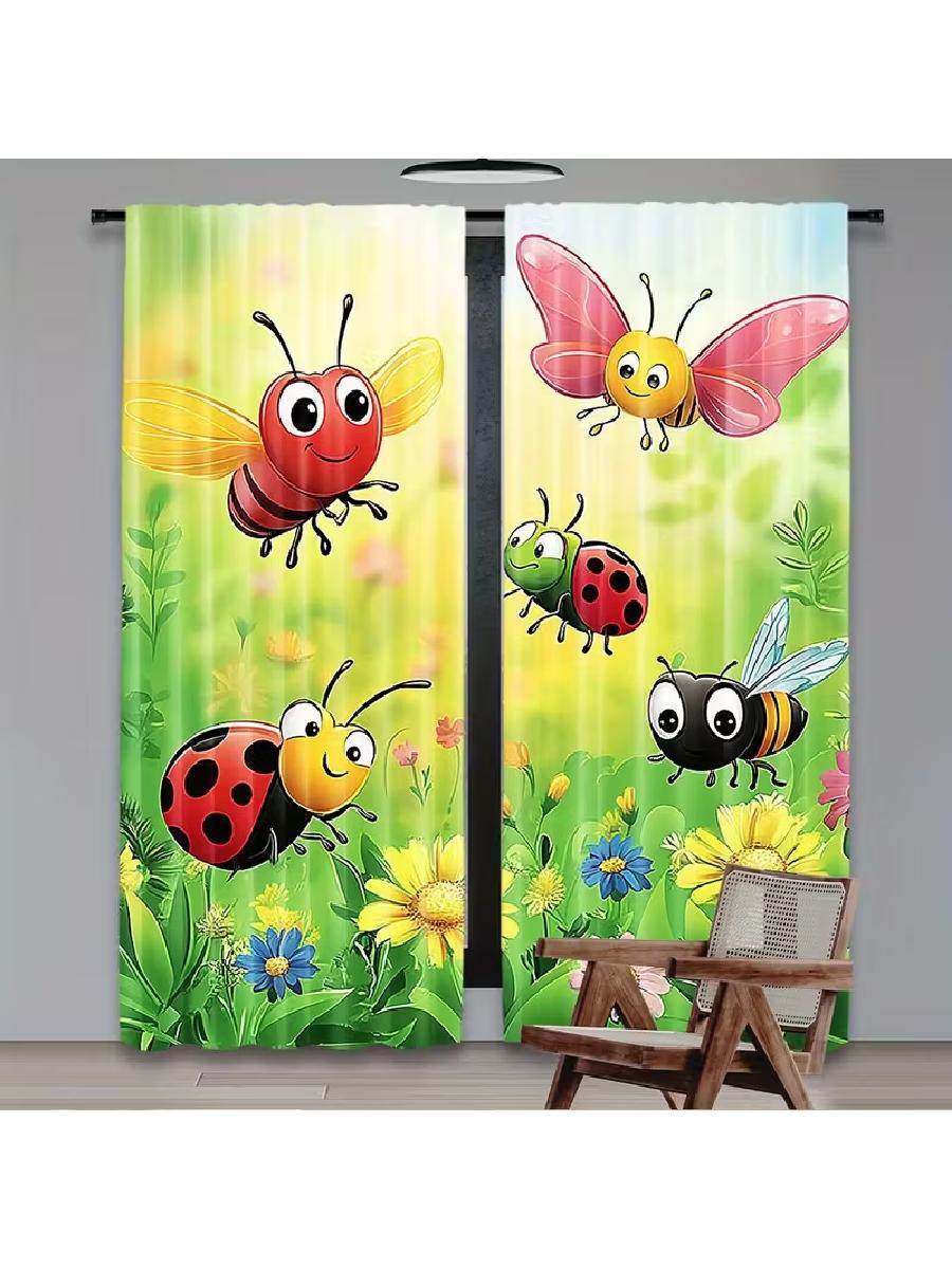 

2Pcs Cartoon Insects Floral Printed Curtains, Designed For Light Filtering, Durable Material, Perfect For Kids Room Daily Windo 24x59in(60x150CM)x2&Rod Pocket