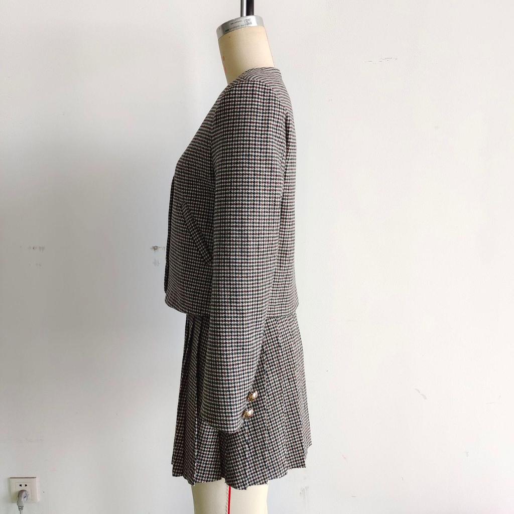 Spring 2025 European & American Women's Fashion Suit: Blazer & Houndstooth Pleated Skirt Set