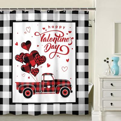 Waterproof Romantic Themed Valentine's Day Plaid Polyester Shower Curtain - Machine Washable, Red Truck and Heart Balloons