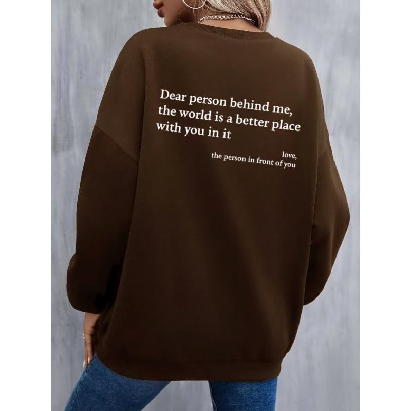 Women's Fleece-Lined Slogan Sweatshirt - Plain Color, Round Neck