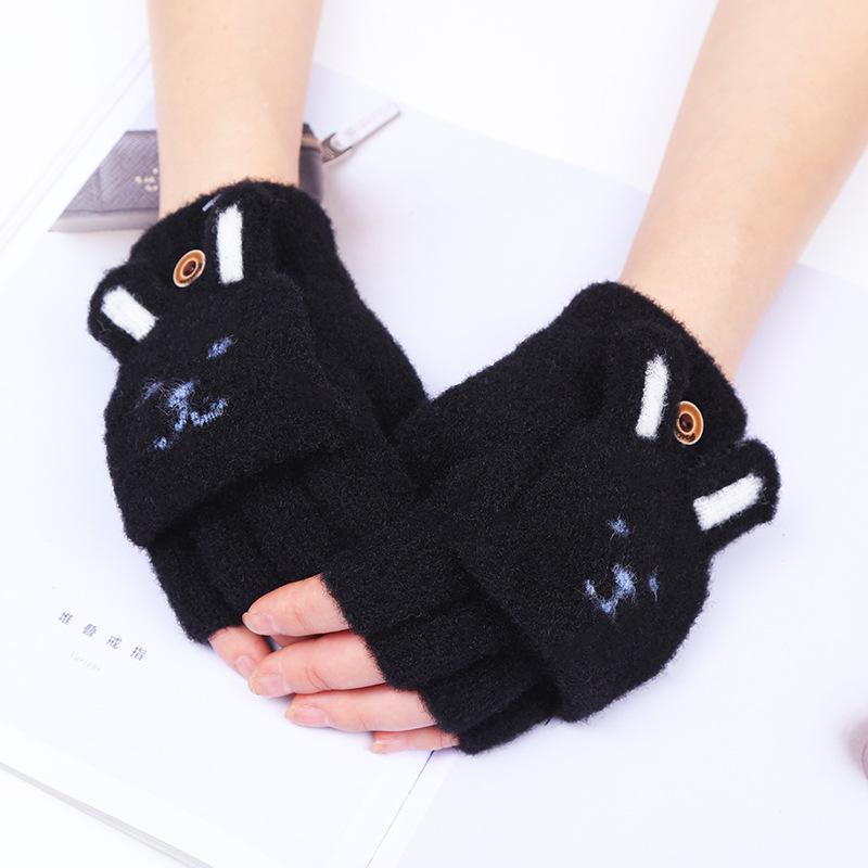 Student Writing Half Finger Flip Gloves Plush Cute Bunny Face Women Touchscreen Cold Proof Winter