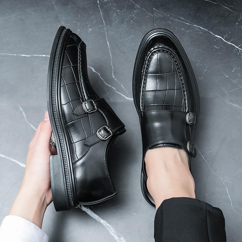 Fashion Luxury Designer Leather Men Shoes High Quality Polish Double Buckle Pointed Toe Casual Shoes Men Wedding Dress Shoes For Men