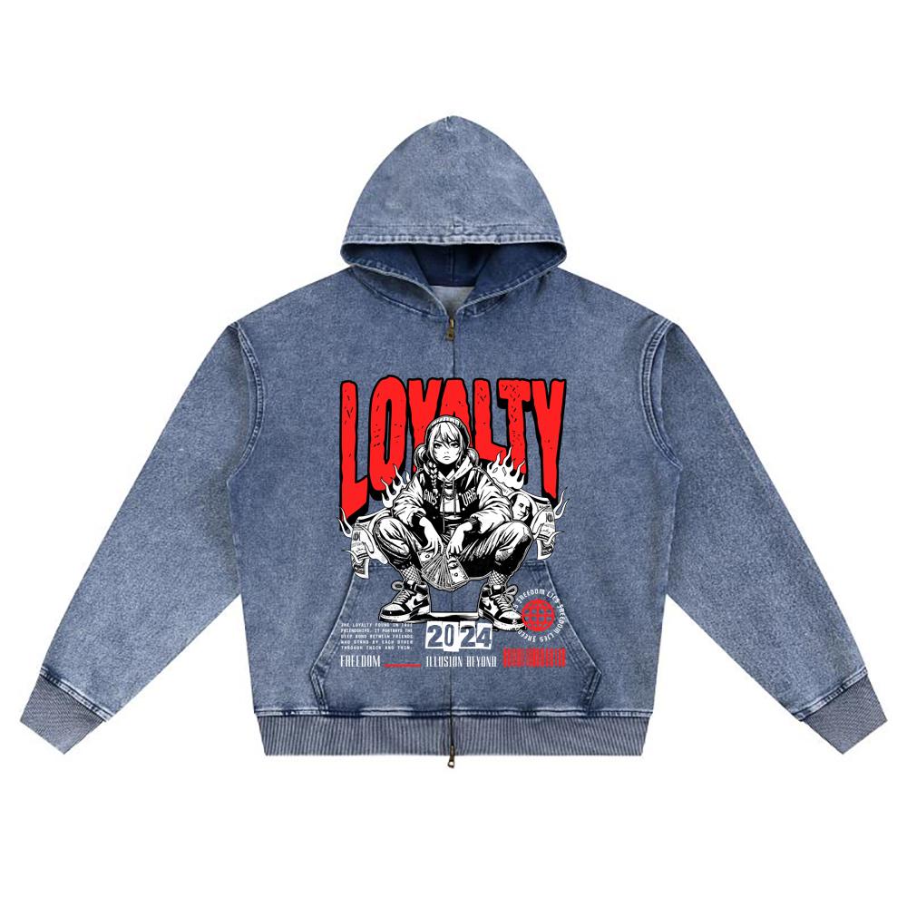 DTG print Knitted Denim Zip-Up Hoodie Loyalty Brother Print Zipper Hoodies  