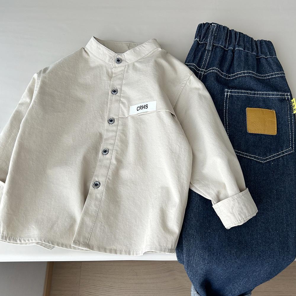 

Детская одежда на весну и осень для мальчиков и детей, хлопковая рубашка с воротником-стойкой, белая рубашка с длинными рукавами, топ 150 хаки