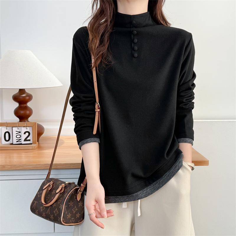 Autumn-Winter 2025 Women's Plus Size High Neck Slimming Base Layer, Stretchy Long Sleeve Color Block Fleece Top
