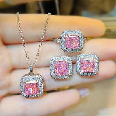 Fashion Ice Flower Cut Pink Diamond Necklace Goose Yellow Pendant Imported High Carbon Diamond Stud Earrings Ring Colorful Treasure Set Women