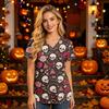 Damen V-Ausschnitt Kurzarm Kasack mit Taschen Halloween-Print Pflegekraft Uniform