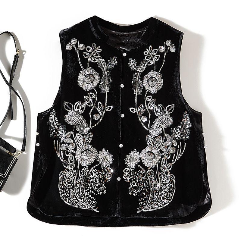 

at the Details and Enter Again! Big Brand Single Flannel Positioning Sequins Beads Embroidered Single-Breasted Vest Women Autumn and Winter Outerwear Black L