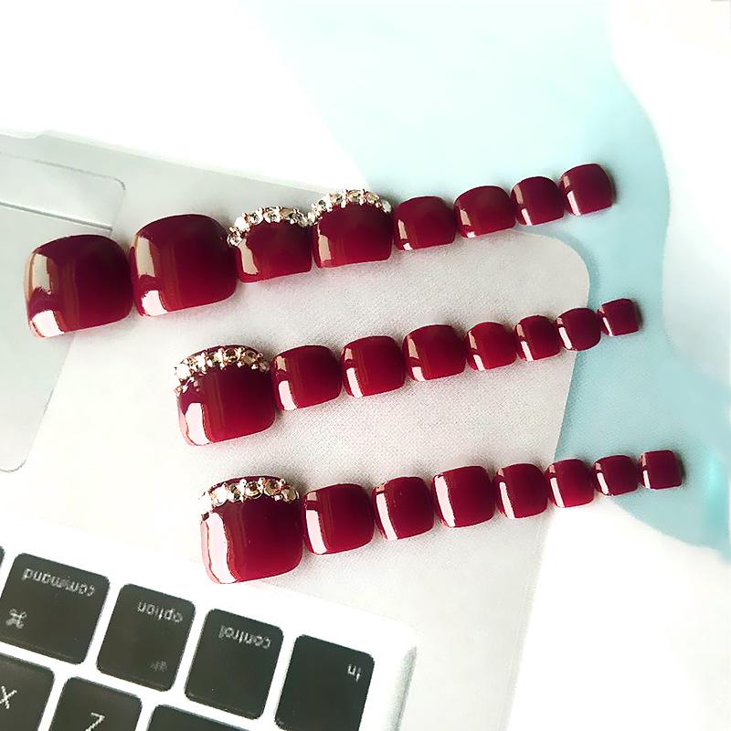 Summer Toenail Stickers Wearing Nails Fake Nails  Finished Wine Deep Red Diamond Nail Nails