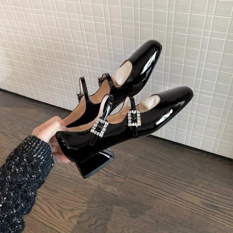 Sheepskin Version 2025 New Su Yinyin Same Square Head Leather Rhinestone Buckle with Thick Heel Mary Jane Single Shoes Women's Wedding Shoes