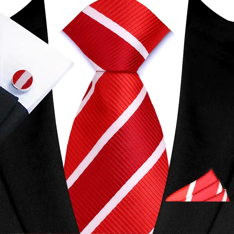 Red Striped Paisley Solid Floral Wedding 8CM Tie For Men Design Mens Necktie Hanky Cufflink Set For Daily Wear Business Party