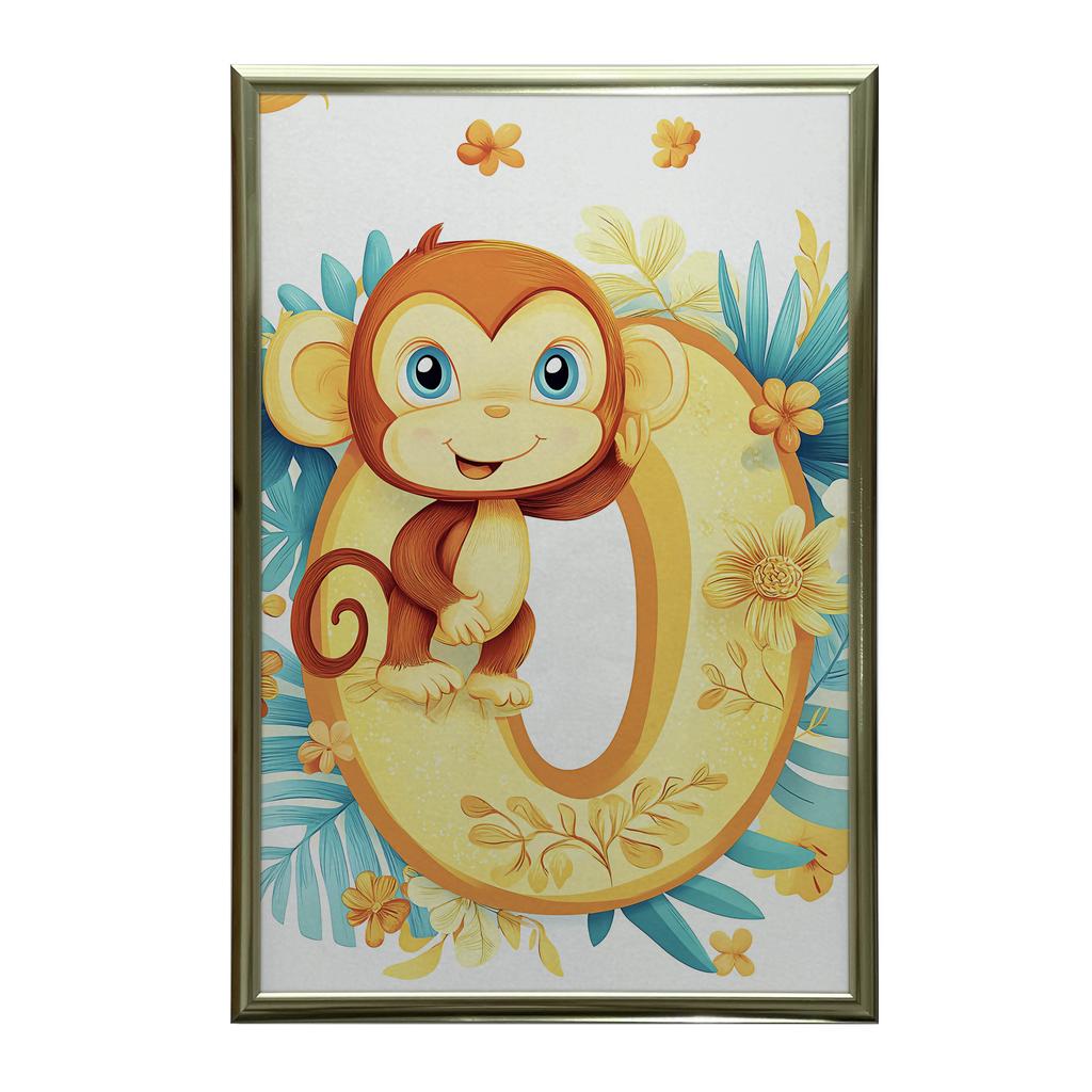 Plakat Wesoła Małpka Na Literze "O Plakat Wesoła Małpka Na Literze "O, 50X70 Cm, Rama Drewniana Jasny Dąb, Papier Matowy 230 Gsm