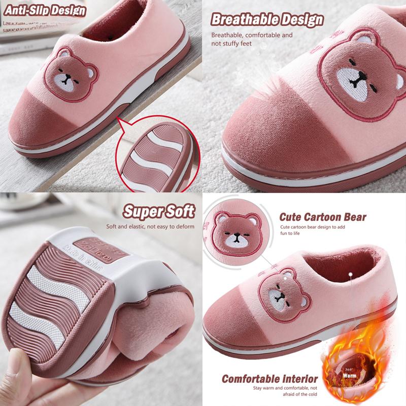 Winter Shoes For Men Home Warm Plush Slippers Indoor House Shoes Thick Sole Cartoon Bear Slippers Women Casual Non-Slip Footwear