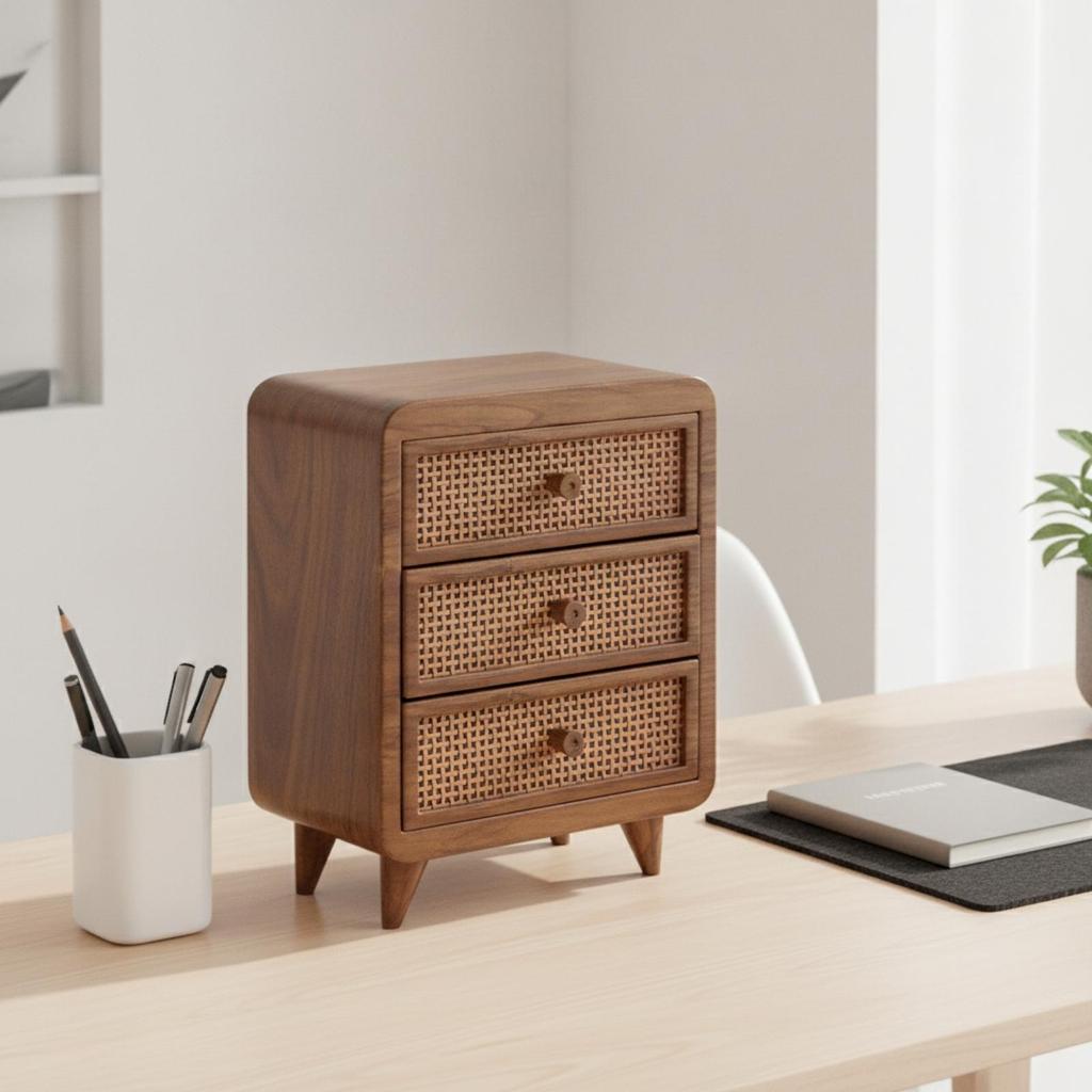 Sturdy Rattan Drawer Vanity Box | Minimalist, Walnut Finish Makeup Chest, for