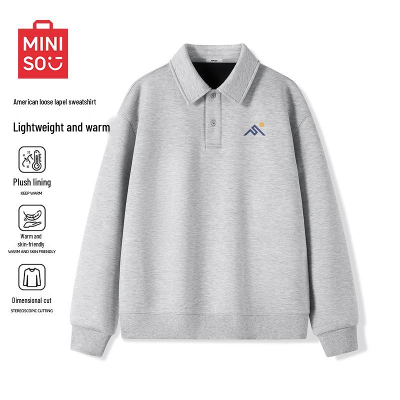 MINISO Men's Heavyweight Fleece American Retro Polo Pullover Sweatshirt