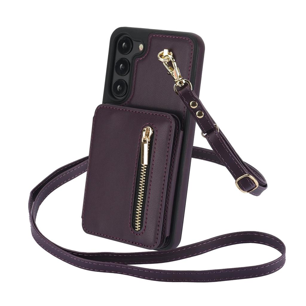 Crossbody Lanyard Zipper Cards Solt Case For Samsung Galaxy S24 Ultra S23 S22 Plus S25 A55 Kickstand Card Bag Pocket Purse Cover