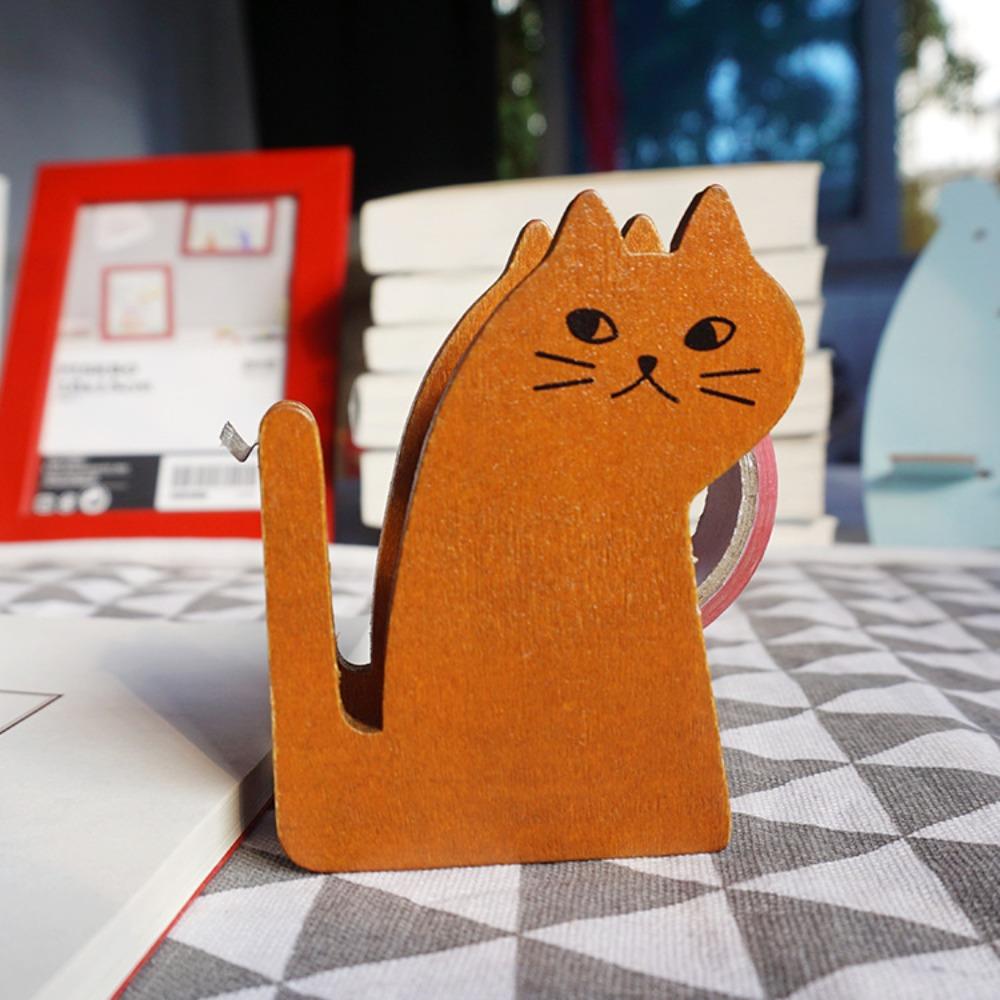 

With 1 Roll Tape Tape Dispenser Cute Cat Design Wooden Material Tape Cutter Vintage Style Masking Tape Cutter Students коричневий