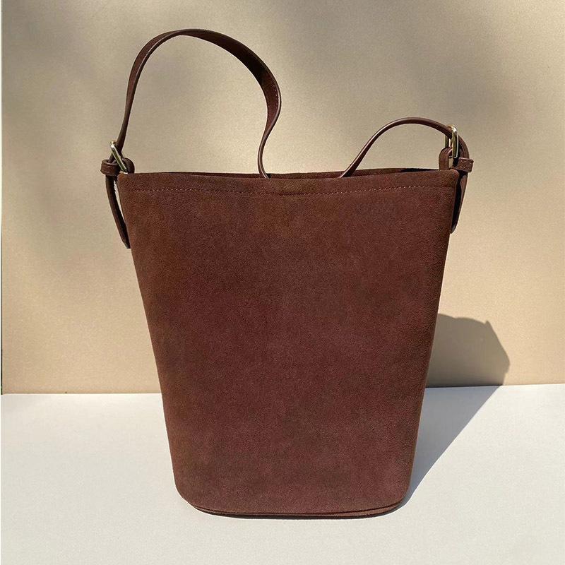 Cowhide Large Capacity Sanded Leather Bucket Bag Niche Design Fashion One-shoulder Underarm Women Bag