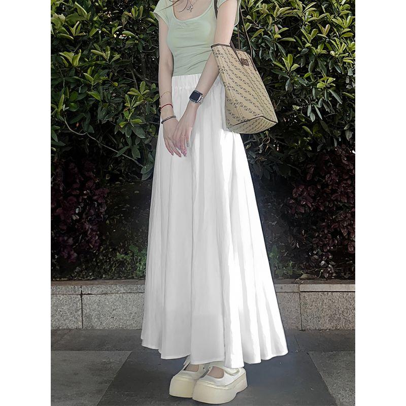 White Summer Skirt for Women, New Style for Plus-Size Girls, Pear-Shaped Body, High-Waisted, Loose Fit, Slimming, Drapey A-Line Long Skirt