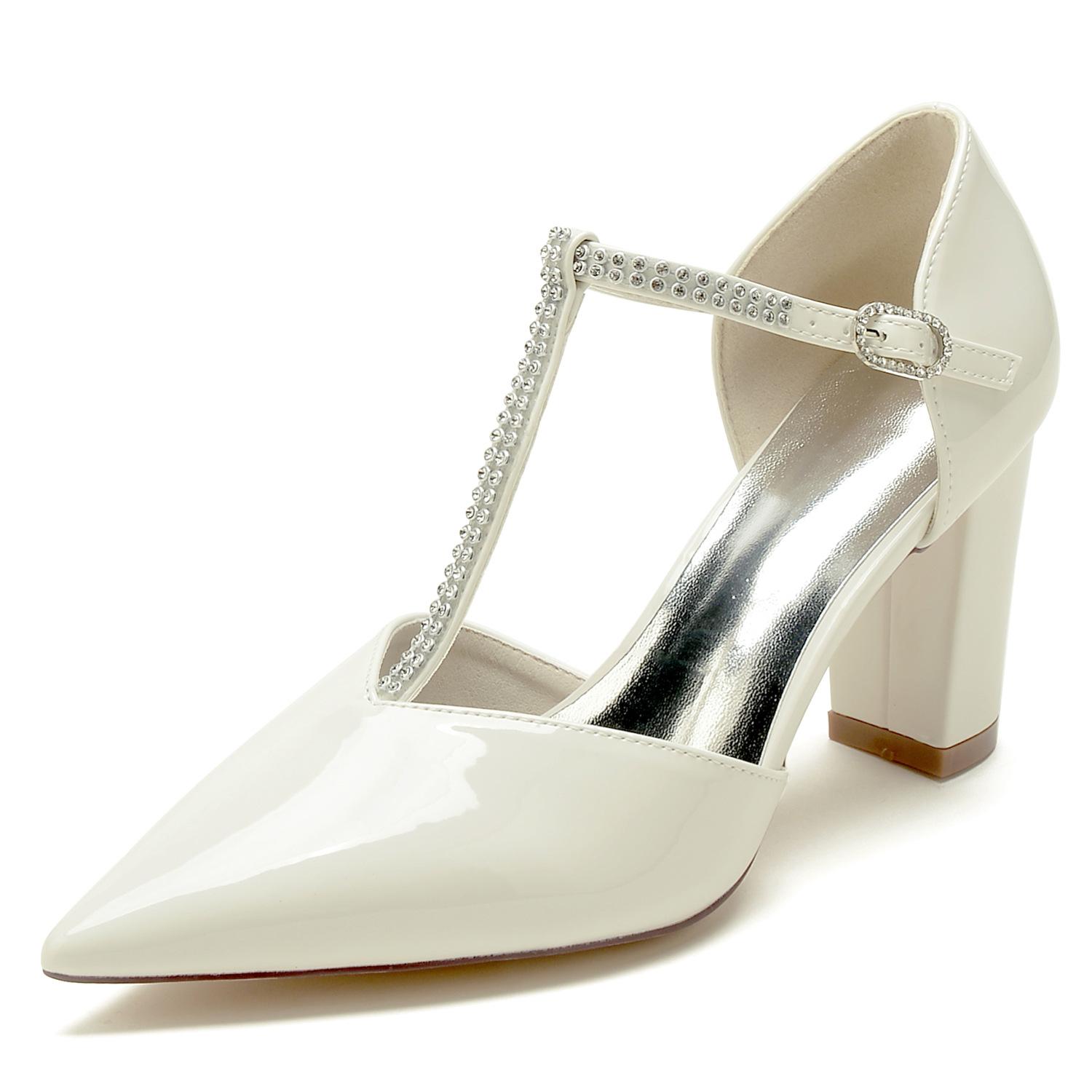 

Burgundy patent leather high heel shallow mouth pointed thick heel rhinestone word with large size 36 слонова кістка