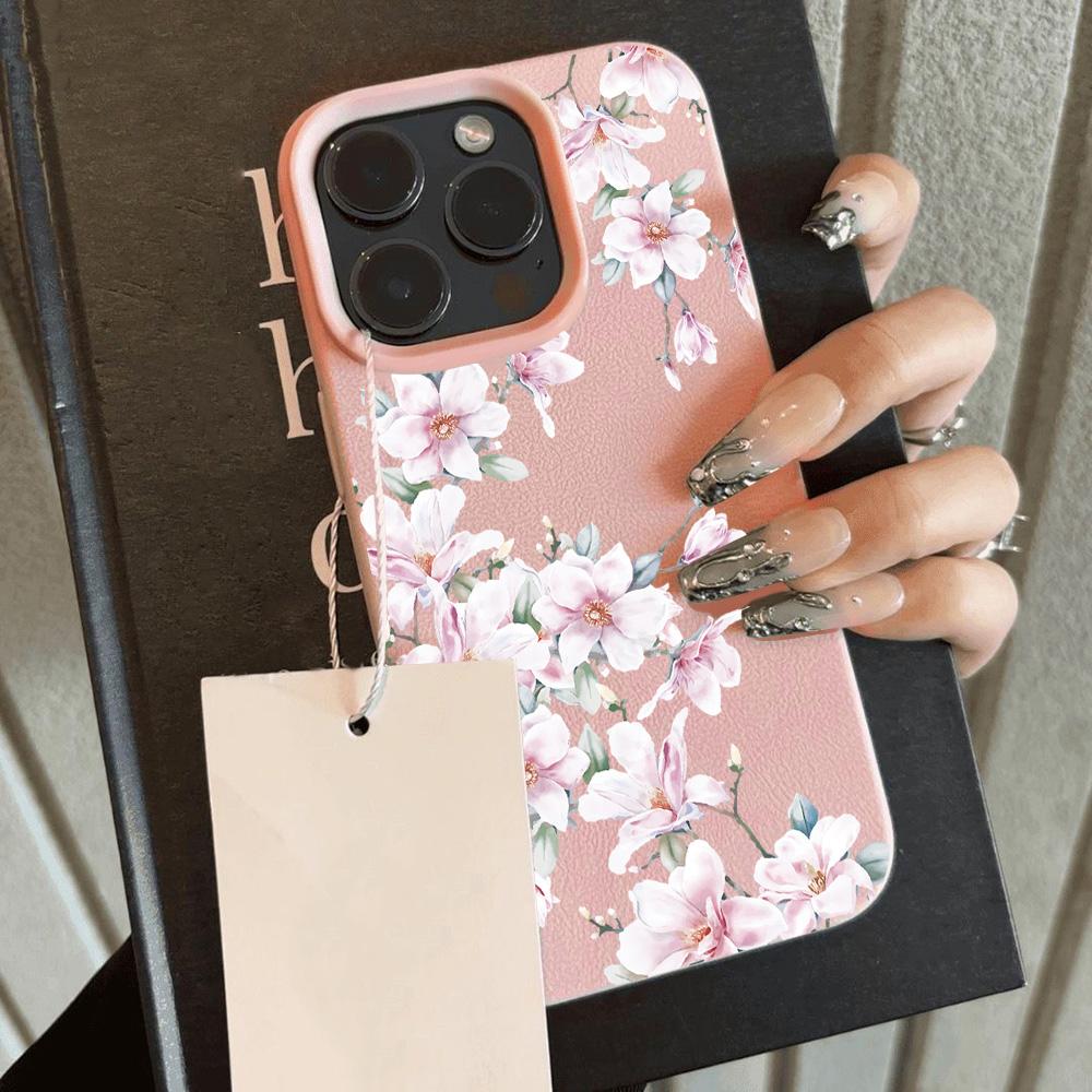 HOT Orchid Plum Blossom Luxury Lichee Leather Pattern Phone Case For iPhone 17 16e 16 15 14 13 12 11 Air Pro Max Plus X XR XSMax