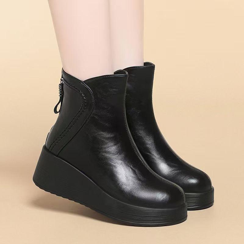 Women Genuine Leather Wedges Ankle Cotton Boots Winter New High Quality Thick Sole Round Toe Thicken Plush Keep Warm Snow Boots