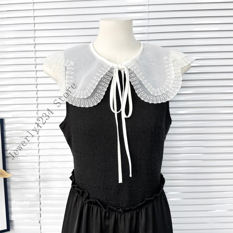 Laceup Tied Decorative Collar with Embroidery Trim Removeable Collar Clothing Accessory for Women Daily and Formal Wear
