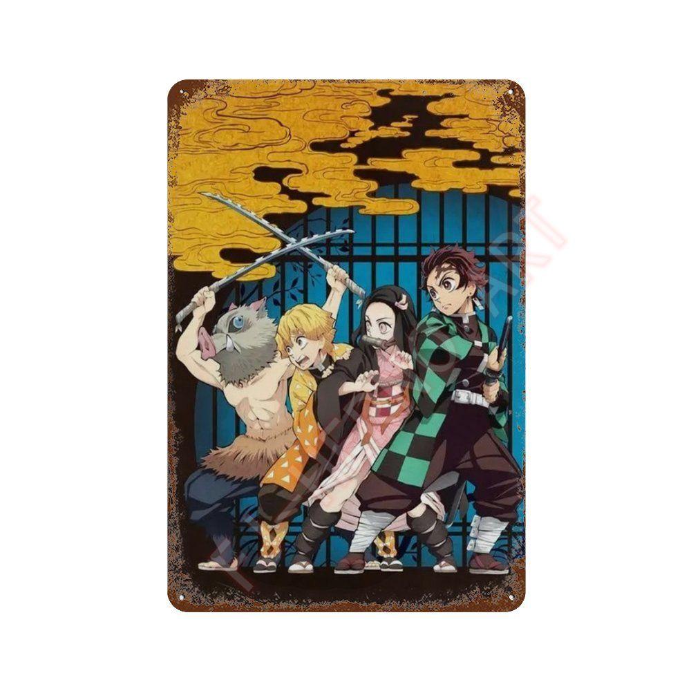 Classic Pop Anime Demon Slayer Kyojuro Rengoku Art Poster Metal Tin Sign Plaque Wall Plates for Living Room Modern Home Decor
