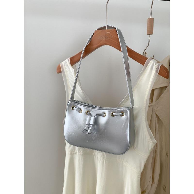 

Small square bag women s leather personalized drawstring decorative handbag niche design fashionable versatile underarm bag women срібний