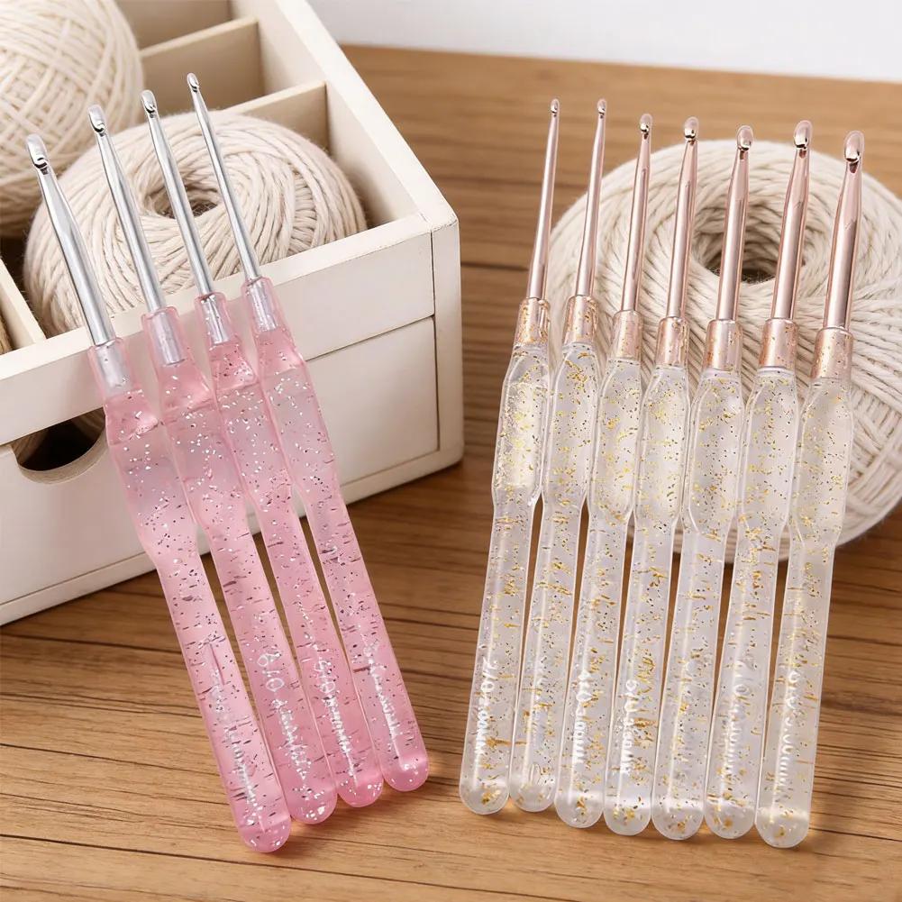 Handmade Weaving Craft Tools 7Pcs Colorful Clear Handles Aluminum Crochet Hooks Set 2.0-5.0mm Single Head DIY Knitting Needles