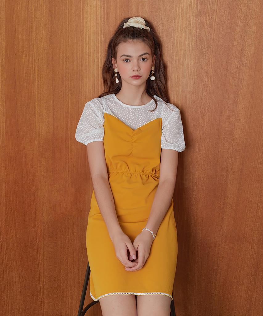 DEAR,PEER Lace-Trimmed Dress Mustard