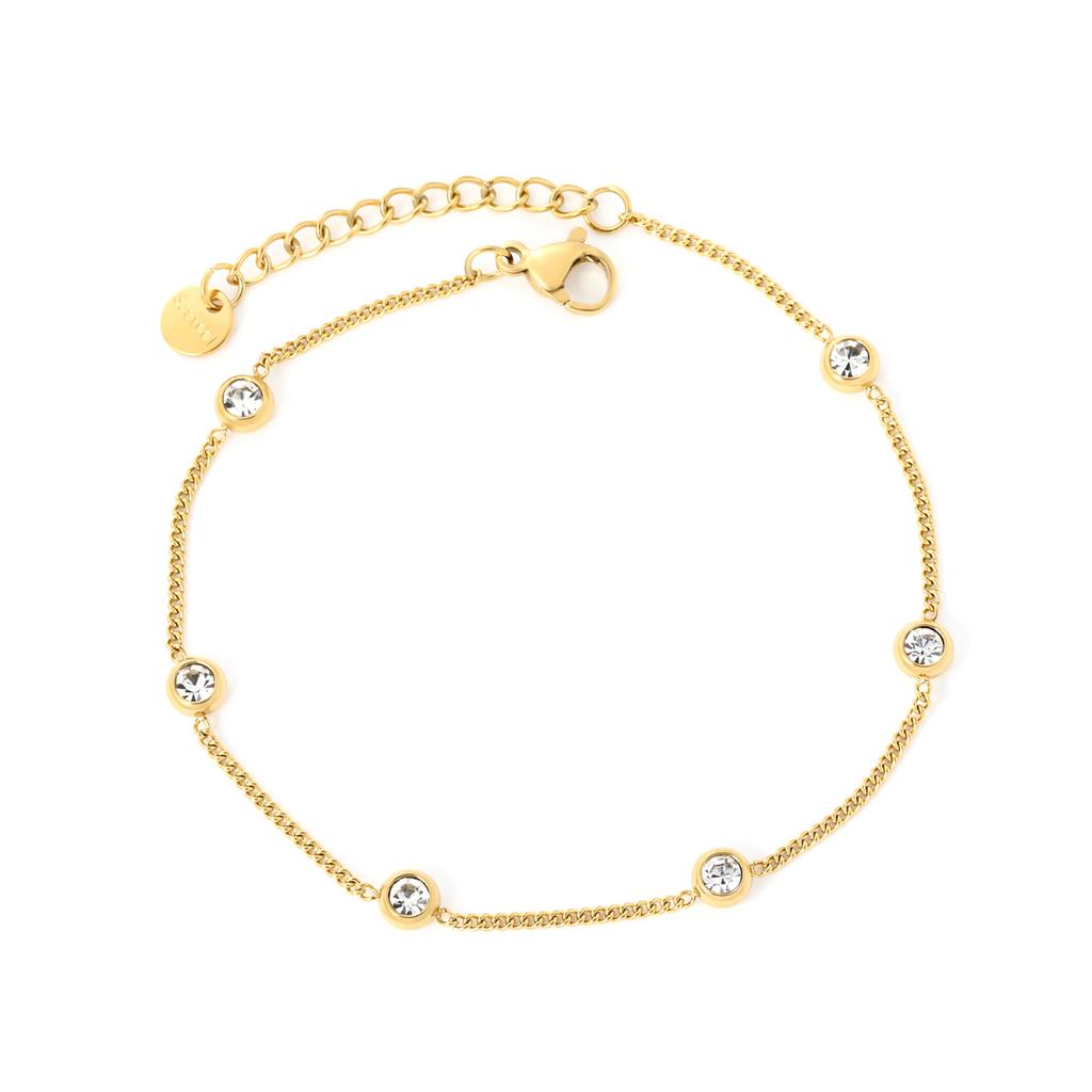 Simple and Elegant Fashion Round Diamond Bracelet, Stainless Steel Gold-plated Waterproof Jewelry, Date Accessory Gift for Girls