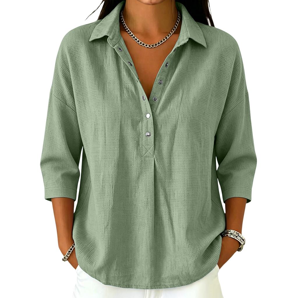 Women's Casual V Neck Button Down Waffle Knit Top Three Quarter Sleeve Relaxed Fit Lightweight Shirt for Everyday Wear