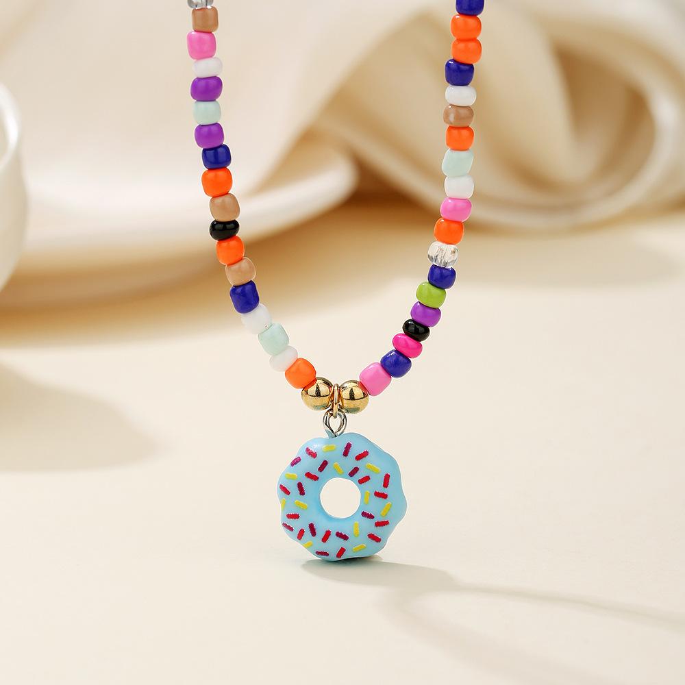 Color Beaded Cartoon Necklace, Niche Versatile Acrylic Donut Pendant Rice Bead Necklace