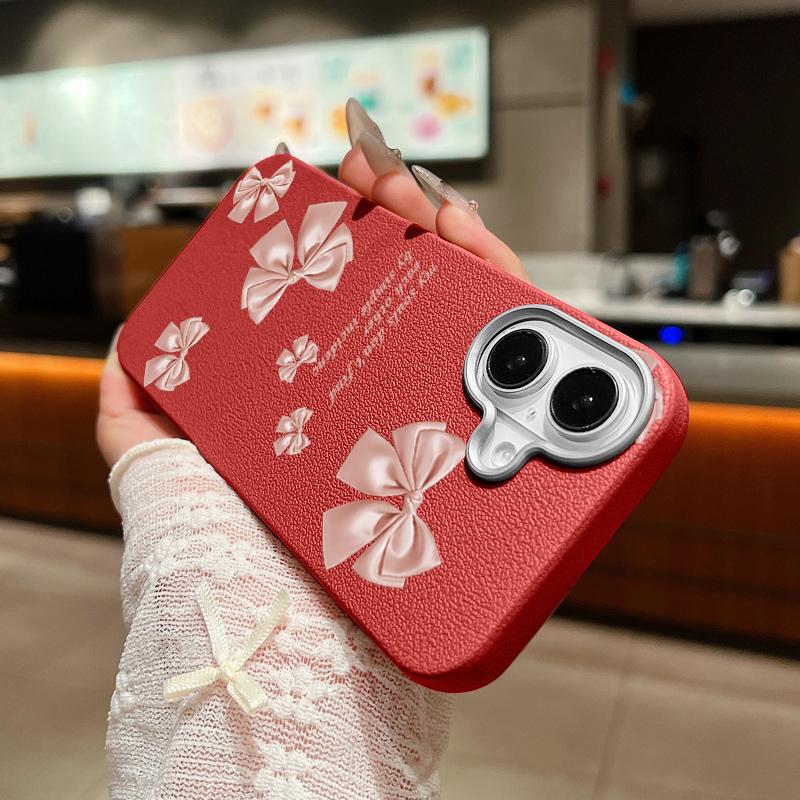 Solid Color Bowknot Patterned Leather Texture Phone Case for iPhone 16 Pro 15 14 Plus 13 12 Pro Max 11 Shockproof Matte Soft Tpu Slim Case Cover