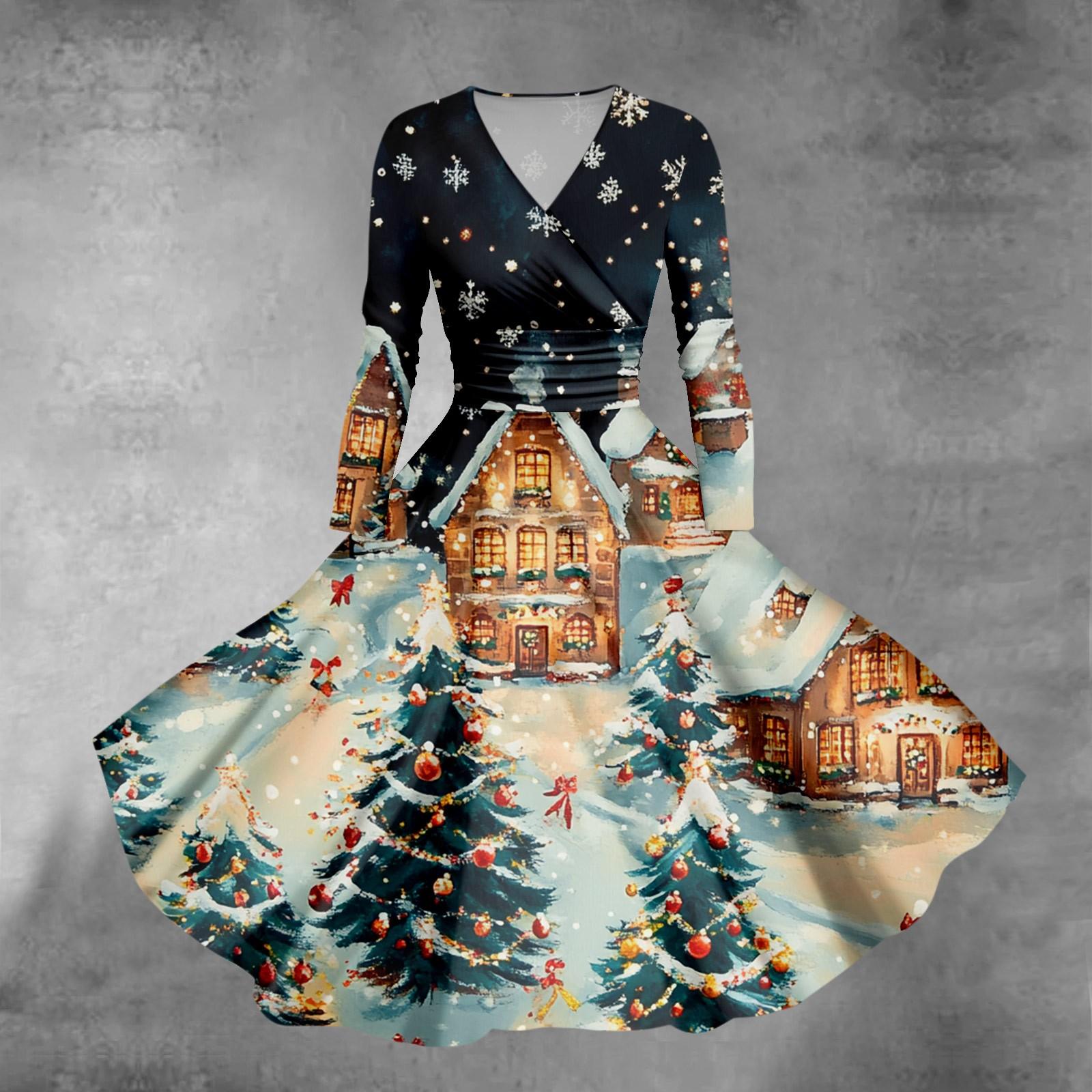 

Женское облегающее платье свободного кроя с принтом рождественской елки и снежинок, V-образным вырезом и длинными рукавами M светло-зеленый