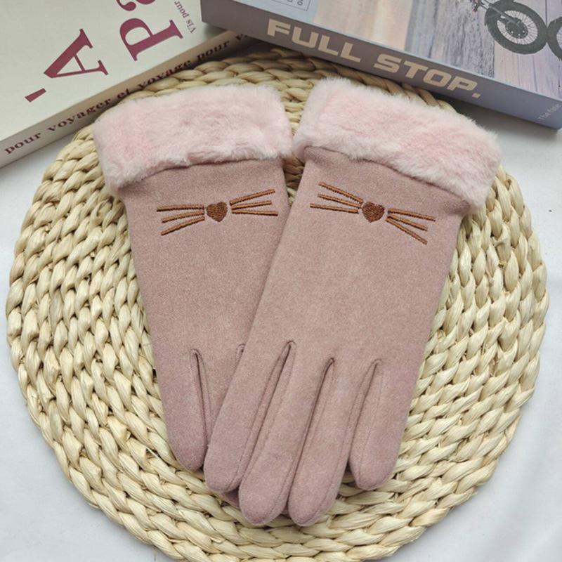 

Новые плюшевые зимние перчатки с сенсорным экраном, теплые перчатки с сенсорным экраном, милые варежки для вождения с вышивкой кошки, женские One size розовый