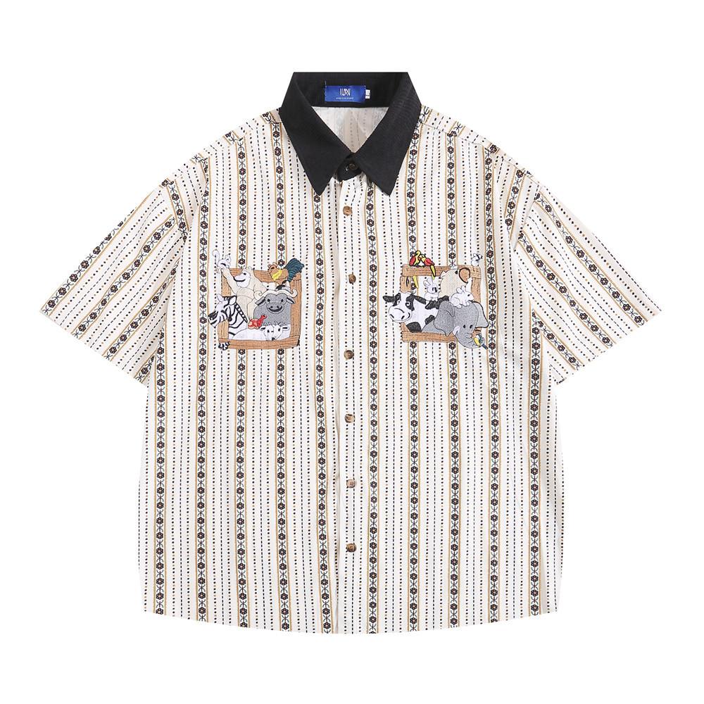 

Рубашка с короткими рукавами в вертикальную полоску с мелким цветочным принтом для мужчин, европейская и американская, модная, с вышивкой в виде животных, повседневная, со свободным воротником M миндальный