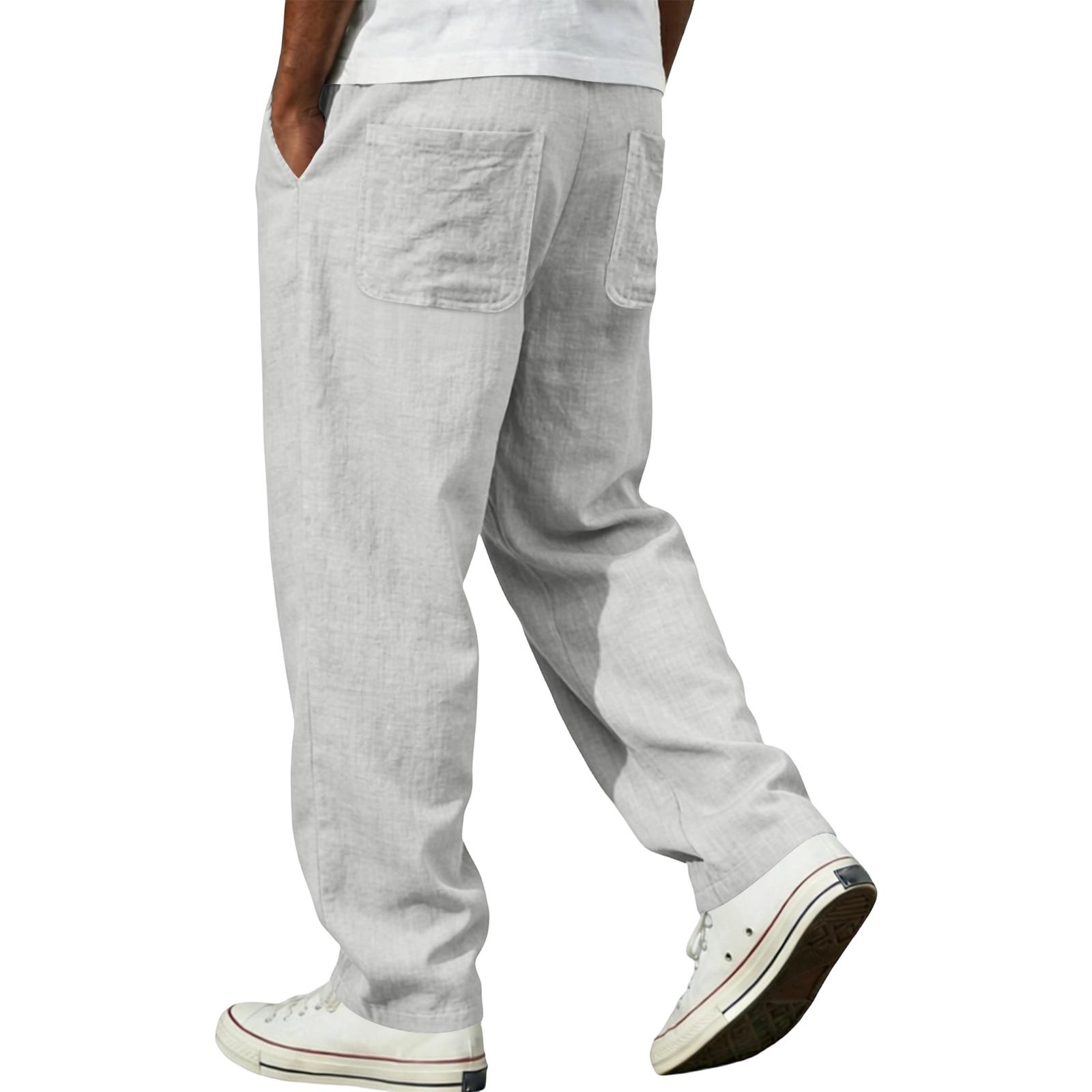 

Men s Relaxed Fit Linen Trousers with Elastic Waistband and Patch Pockets for Everyday Casual Wear XL белый