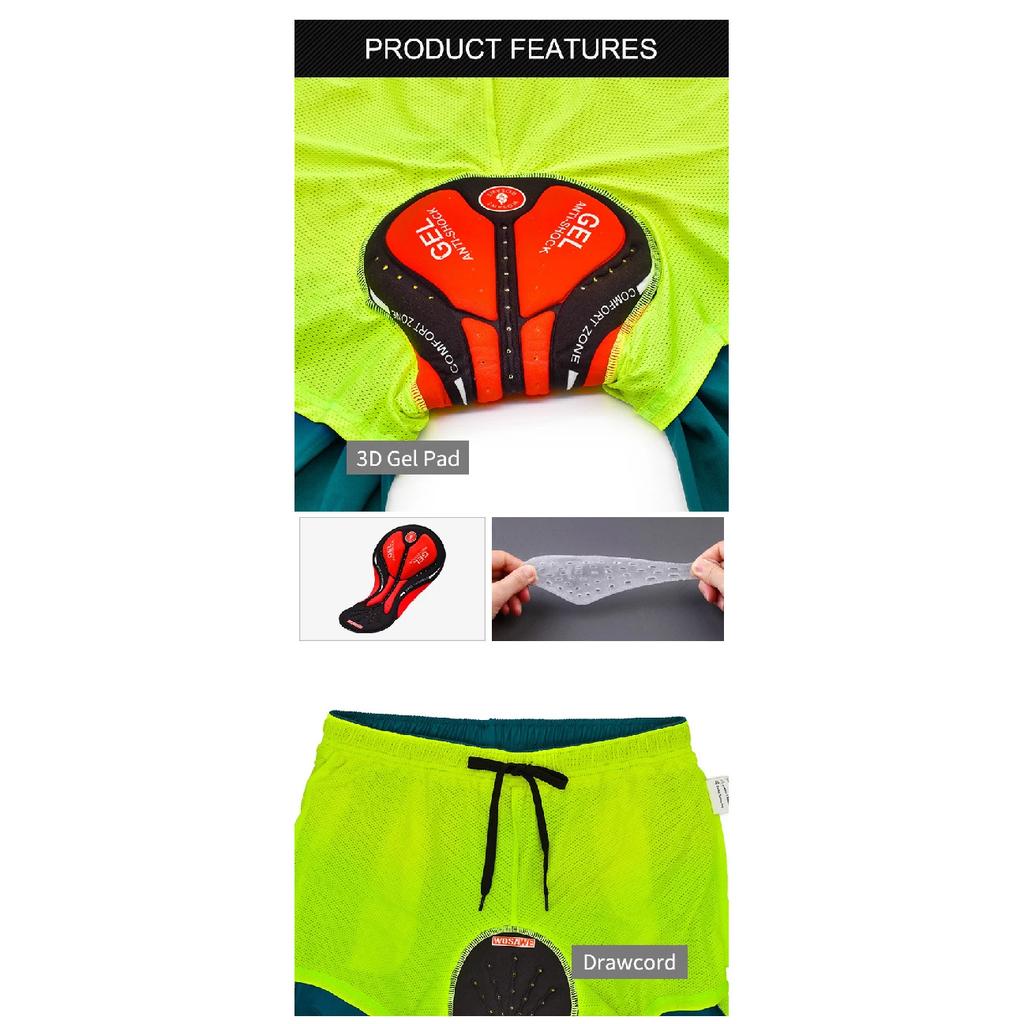 WOSAWE Mountain Bike Shorts Summer Men Cycling Shorts 2 in 1 MTB Shorts Padded Breathable Outdoor Riding Road Bike Short Trouser