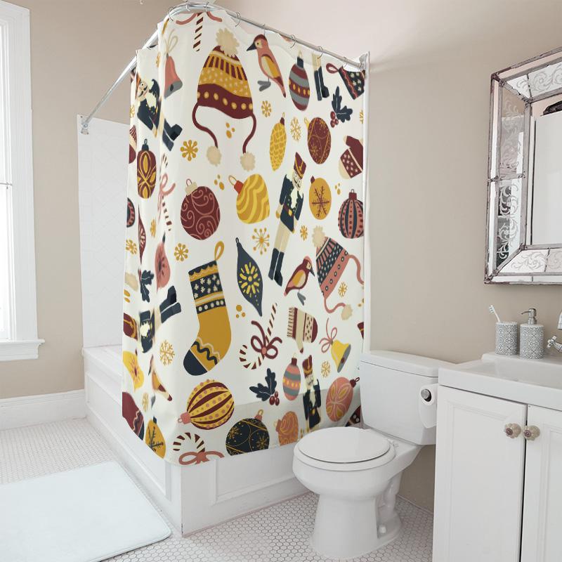 TU Christmas Shower Curtain Festive Holiday Decor Merry Xmas Pattern Bathroom Fabric Backdrop Waterproof Vintage Style Home Deco