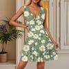 Women's Summer Dress V Neck Sleeveless Casual Floral Print Hem Pleated Dress
